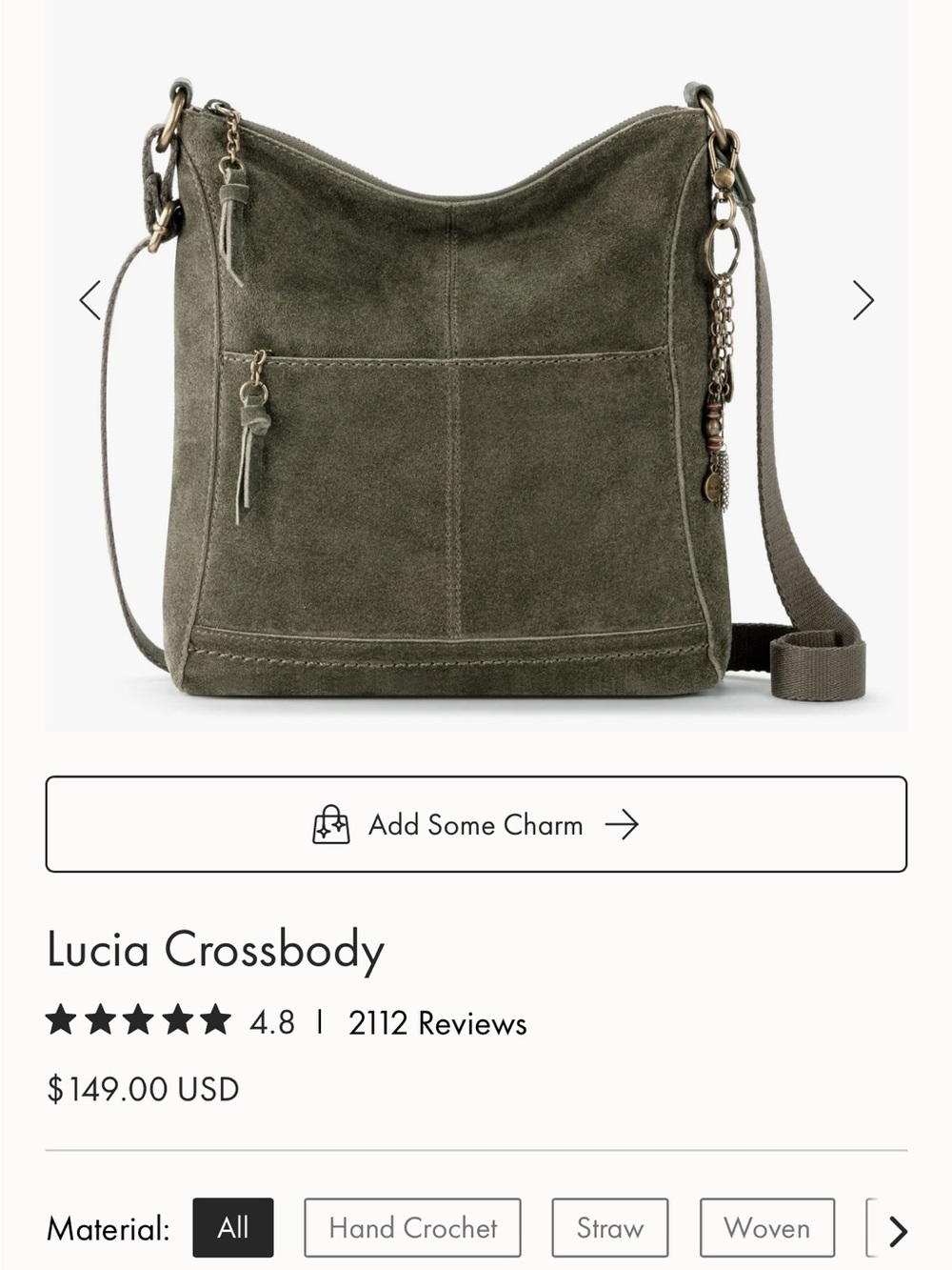 The Sak Lucia Crossbody Bag. Moss Suede NWt